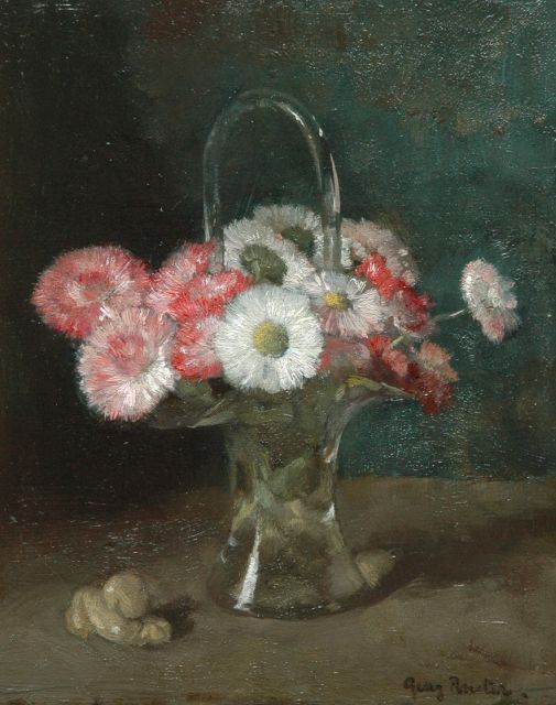 Georg Rueter | Bloemen in glazen vaasje, olieverf op paneel, 23,6 x 19,5 cm, gesigneerd r.o.