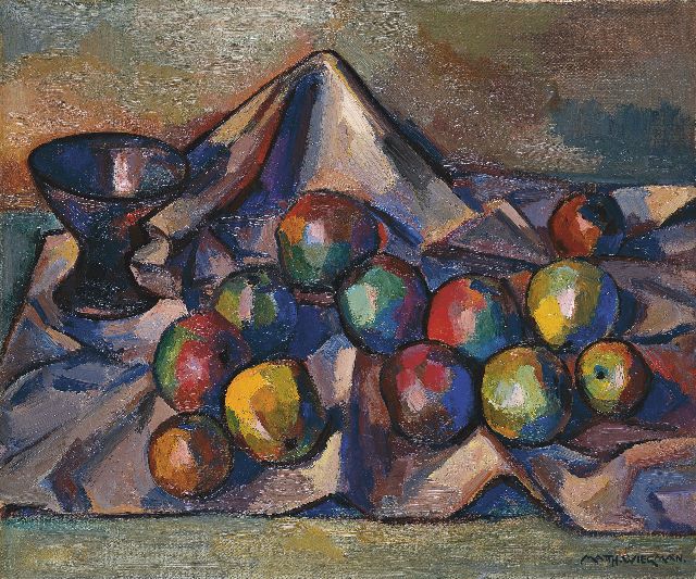 Wiegman M.J.M.  | Stilleven met appelen, olieverf op doek op paneel 54,2 x 65,2 cm, gesigneerd r.o. en verso gedateerd 1956
