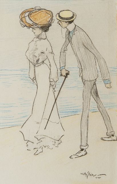 Sluiter J.W.  | Wandeling aan zee, zwart en gekleurd krijt op papier 27,0 x 17,0 cm, gesigneerd r.o. en gedateerd 1912