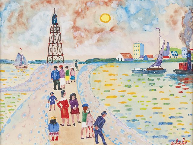 Slebe (Ferdinand Joseph Sleebe) F.  | Zondagmiddagwandeling langs de haven, aquarel op papier 25,2 x 32,6 cm, gesigneerd r.o.