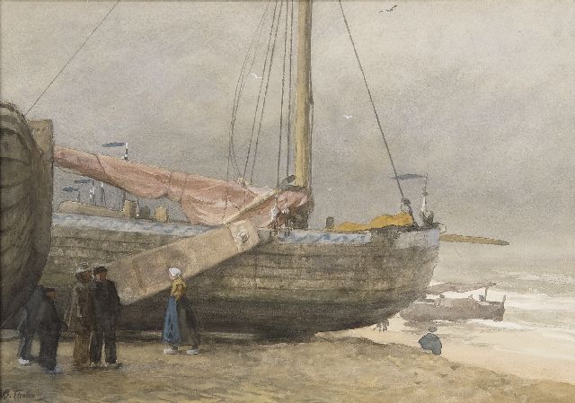 Willem Bastiaan Tholen | Vissers en bomschuiten op het strand van Scheveningen, aquarel op papier, 37,4 x 53,4 cm, gesigneerd l.o.