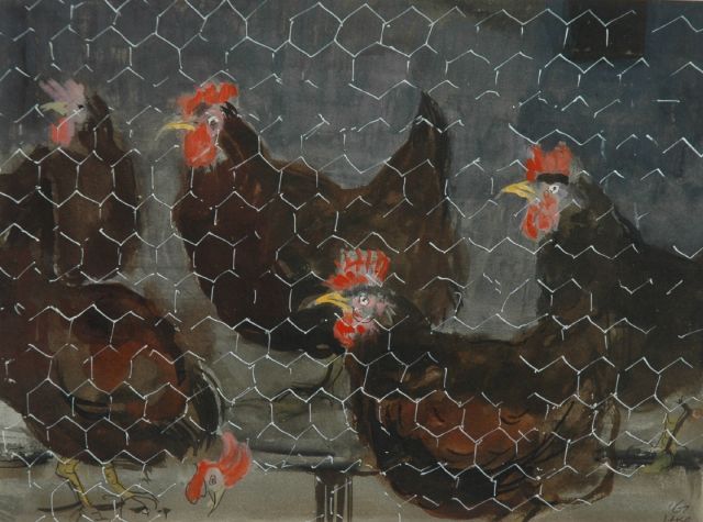 Harm Kamerlingh Onnes | Kippen, aquarel op papier, 18,0 x 23,5 cm, gesigneerd r.o. met monogram en gedateerd '61
