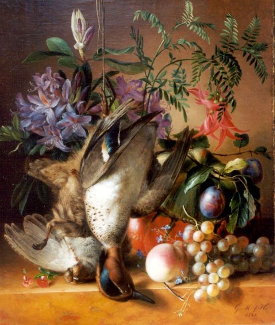 Huidekoper G.M.J.  | Stilleven met bloemen, fruit en wild, olieverf op doek op paneel 54,2 x 46,3 cm, gesigneerd r.o. met initialen en gedateerd 1844