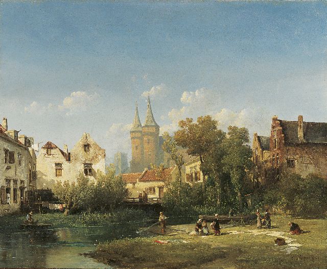 Salomon Verveer | Stadsgezicht met de Oostpoort van Delft, olieverf op paneel, 38,6 x 47,5 cm, gesigneerd r.o. en gedateerd '52