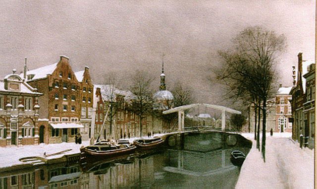 Klinkenberg J.C.K.  | Winterse stadsgracht te Leiden, aquarel op papier 34,0 x 52,5 cm, gesigneerd r.o.