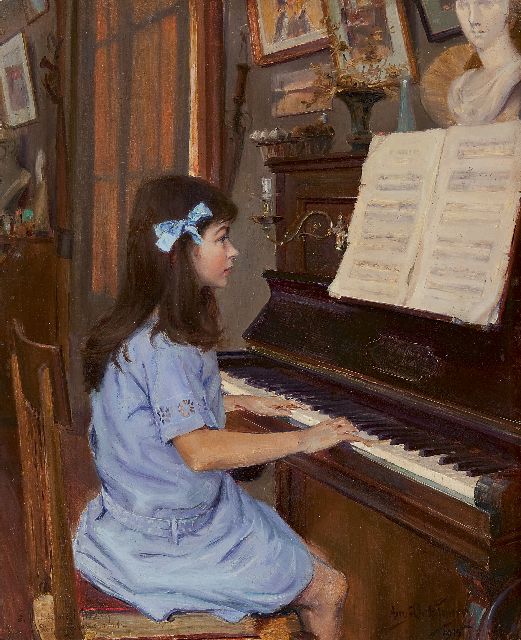 Bellanger A.  | Aan de piano, olieverf op paneel 40,9 x 32,6 cm, gesigneerd r.o. en gedateerd 1915