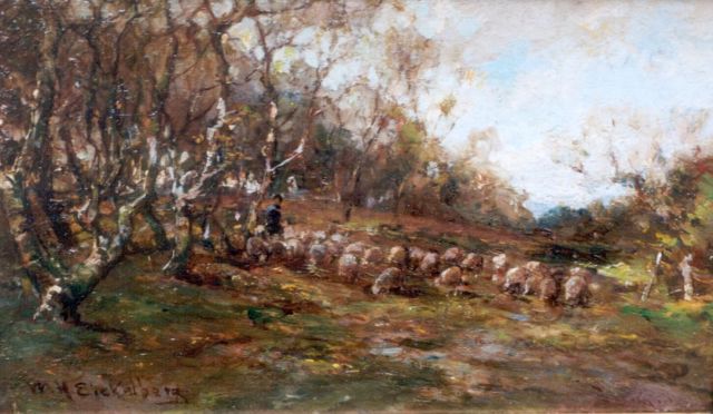 Eickelberg W.H.  | Herder met zijn kudde schapen, olieverf op paneel 12,8 x 21,5 cm, gesigneerd l.o.