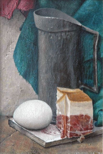 Jan Strube | Stilleven met kan, ham en ei, olieverf op doek, 25,0 x 17,7 cm, gesigneerd r.o. en gedateerd '42