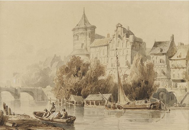 Cornelis Springer | Bedrijvigheid langs de rivier, sepia op papier, 14,0 x 20,4 cm, gesigneerd l.o. met monogram en te dateren ca. 1840-1845