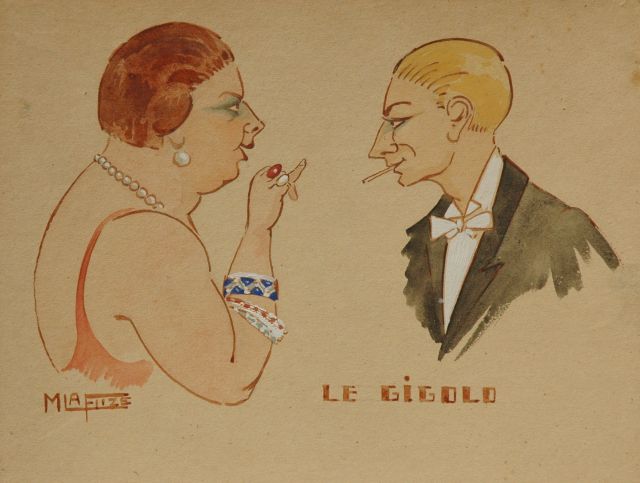 Flize M. la | De gigolo, aquarel en gouache op papier op karton 17,4 x 22,9 cm, gesigneerd l.o.