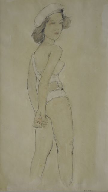Kloos C.  | Meisje met wit lijfje, potlood en aquarel op papier 30,9 x 18,0 cm, gesigneerd r.o.