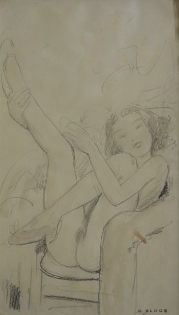 Kloos C.  | Zittend meisje met omhoog geheven benen, potlood en aquarel op papier 30,8 x 17,8 cm, gesigneerd r.o. met stempel en te dateren 4-2-41