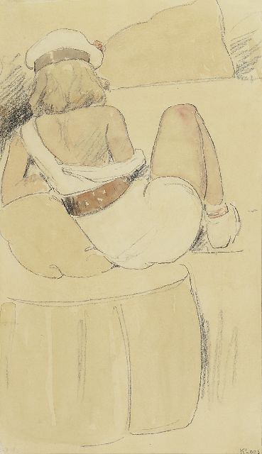 Cornelis Kloos | Zittende vrouw met witte jurk en baret, potlood en aquarel op papier, 31,1 x 17,9 cm, gesigneerd r.o.