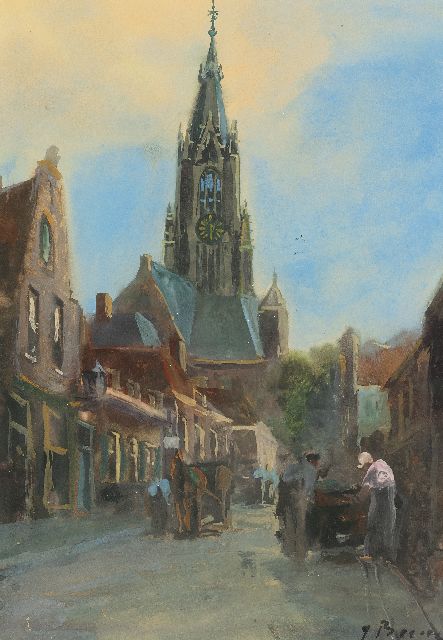 Beertz  J. | Stadsgezicht met de Nieuwe Kerk van Delft, aquarel op papier 38,3 x 26,6 cm, gesigneerd r.o.