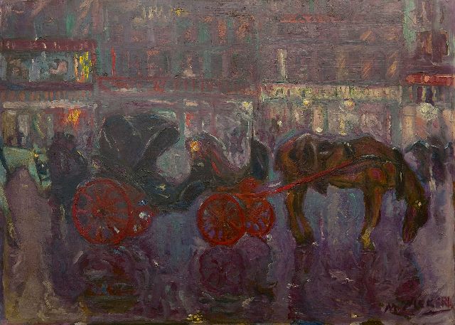 Niekerk M.J.  | Wachtende huurkoetsen bij avond, Brussel, olieverf op board 61,3 x 84,5 cm, gesigneerd r.o. en te dateren ca. 1903-1908