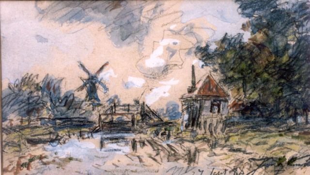 Jongkind J.B.  | Polderlandschap met molen en bruggetje, aquarel op papier 11,0 x 19,0 cm, gesigneerd r.o. en gedateerd '88