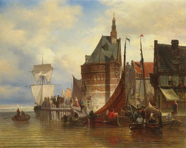 Bommel E.P. van | Afgemeerde schepen bij de Hoofdtoren van Hoorn, olieverf op doek 42,5 x 53,0 cm, gesigneerd r.o. en op het spieraam gedateerd Juni 1877
