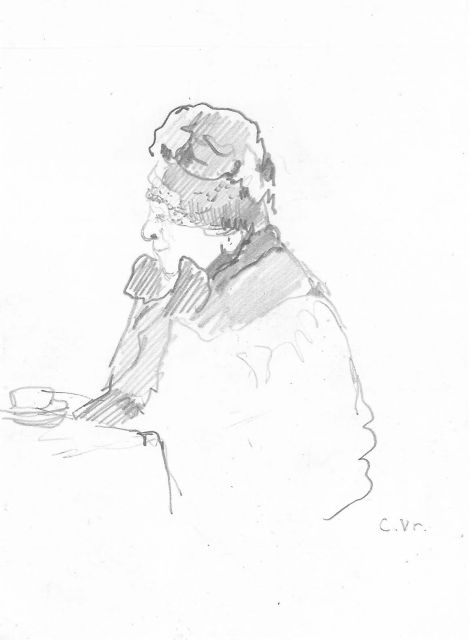 Vreedenburgh C.  | Studie van een vrouw met bonthoedje en kopje thee, potlood op papier 12,8 x 9,5 cm, gesigneerd r.o. met initialen