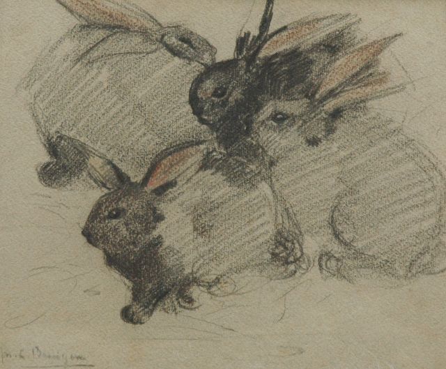 Greta Bruigom | Vier konijnen, krijt op papier, 24,1 x 29,0 cm, gesigneerd l.o.