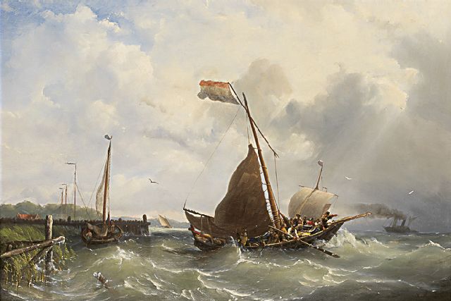 Nicolaas Riegen | Uitvarende zeilschepen en stoomboot, olieverf op doek, 59,5 x 87,1 cm, gesigneerd r.o.