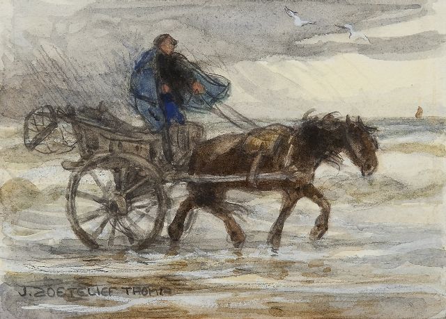 Zoetelief Tromp J.  | Schelpenvisser met paard-en-wagen in de branding, potlood en aquarel op papier 12,7 x 16,8 cm, gesigneerd l.o.
