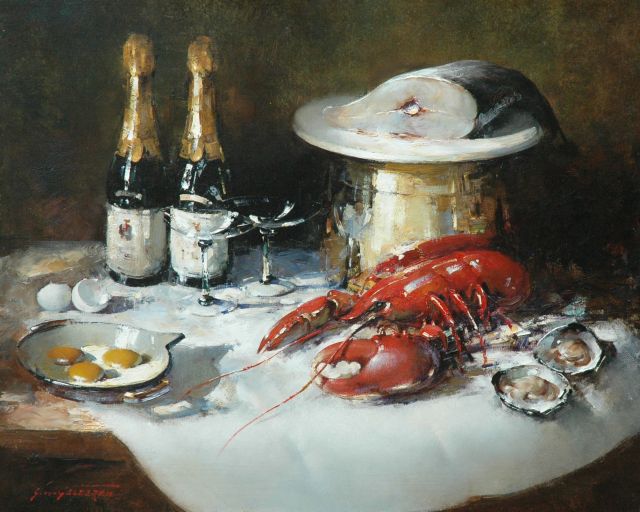 Simon van Gelderen | Stilleven met een kreeft, vis en champagne, olieverf op doek, 65,2 x 80,1 cm, gesigneerd l.o.