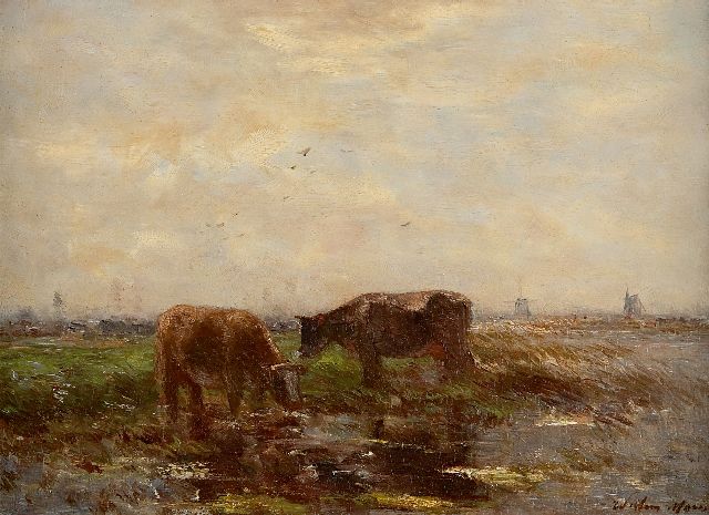 Maris W.  | Grazende koeien in polderlandschap, olieverf op paneel 24,1 x 32,6 cm, gesigneerd r.o.