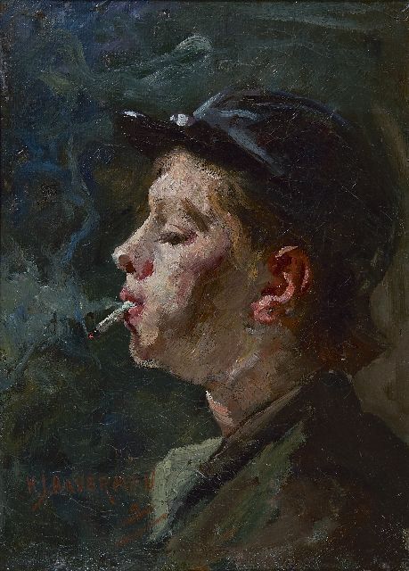 Haverman H.J.  | Rokende jongen in de zon, olieverf op doek 35,3 x 25,7 cm, gesigneerd l.o.