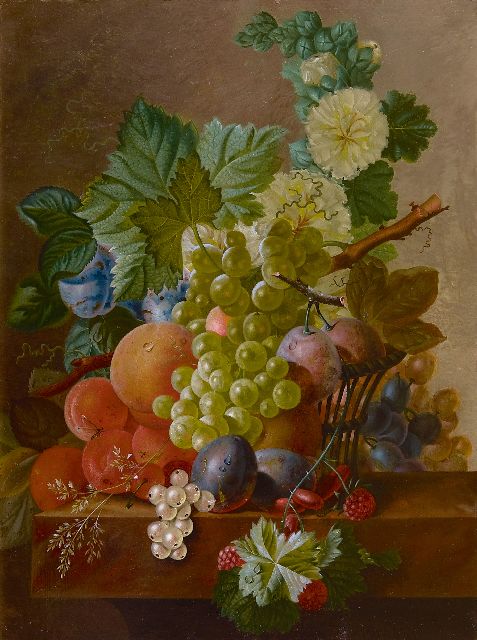 Bruyn J.C. de | Druiven, perziken en ander fruit op een stenen plint, olieverf op paneel 42,6 x 32,6 cm