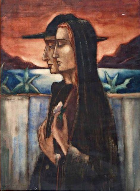 Schelfhout L.  | Vrouw en man, Corsica, krijt en aquarel op papier 93,4 x 68,6 cm, gesigneerd l.o. en gedateerd 1922