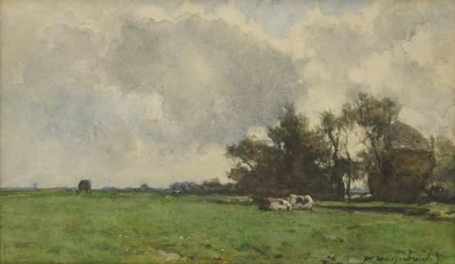 Weissenbruch H.J.  | Rustende koeien bij een hooiberg, aquarel en gouache op papier 22,3 x 36,8 cm, gesigneerd r.o.