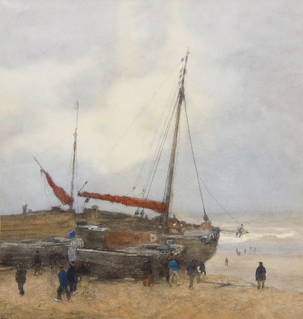 Tholen W.B.  | Bomschuiten op het strand van Scheveningen, aquarel en gouache op papier 55,0 x 52,0 cm, gesigneerd l.o.