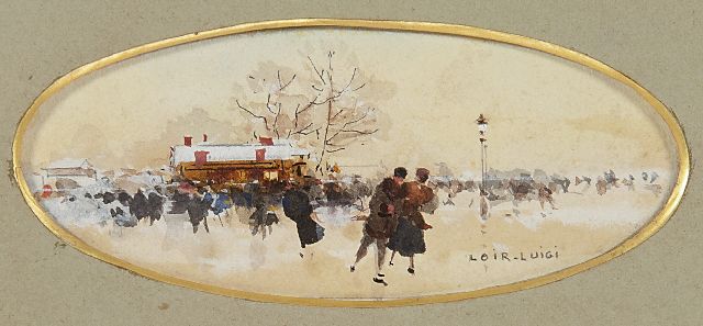 Luigi Loir | Schaatsers in het Bois de Boulogne, potlood, inkt, aquarel en gouache op papier, 3,8 x 9,3 cm, gesigneerd r.o.