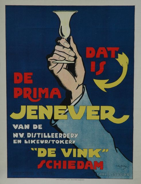 Willy Sluiter | Poster 'Dat is de prima Jenever van 'De Vink' Schiedam', kleurenlithografie poster, 45,5 x 58,0 cm, gesigneerd r.o. in de steen