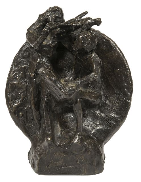 Bakker W.F.  | Musicerend stel, brons 15,7 x 13,0 cm, gesigneerd r.o.
