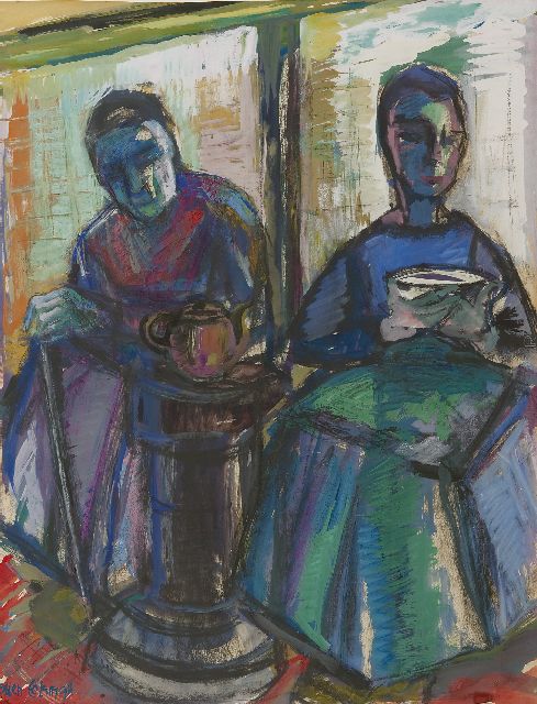 Stien Eelsingh | Vrouwen bij potkachel, zwart krijt en gouache op papier, 64,3 x 49,2 cm, gesigneerd l.o. en te dateren 1950-1955