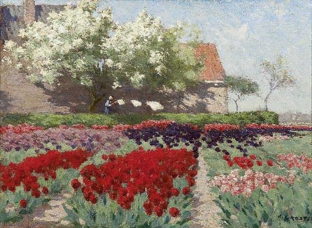 Anton Koster | Bloeiende tulpenvelden en vruchtbomen, olieverf op doek, 32,6 x 43,4 cm, gesigneerd r.o.