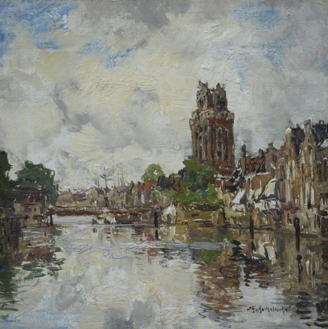 Mastenbroek J.H. van | Haven in Dordrecht met de toren van de Grote Kerk, olieverf op paneel 15,8 x 16,0 cm, gesigneerd r.o.