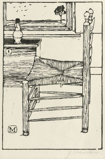 Mankes J.  | Stoel, houtsnede op papier 18,4 x 12,6 cm, gesigneerd r.o. voluit (in potlood) en met init. in het blok en te dateren 1914