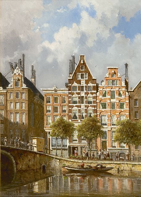 Eversen A.  | Gezicht op de Nieuwezijds Voorburgwal, Amsterdam, olieverf op paneel 37,3 x 26,6 cm, gesigneerd l.o. en gedateerd 1882