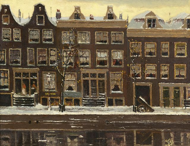 Jongh M.J. de | Amsterdamse gracht in de winter, olieverf op board 43,9 x 57,4 cm, gesigneerd r.o.