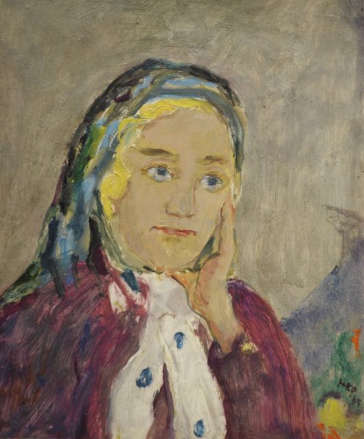 Kamerlingh Onnes H.H.  | Vrouw met sjaal, olieverf op board 27,2 x 22,7 cm, gesigneerd r.o. met monogram en gedateerd '65