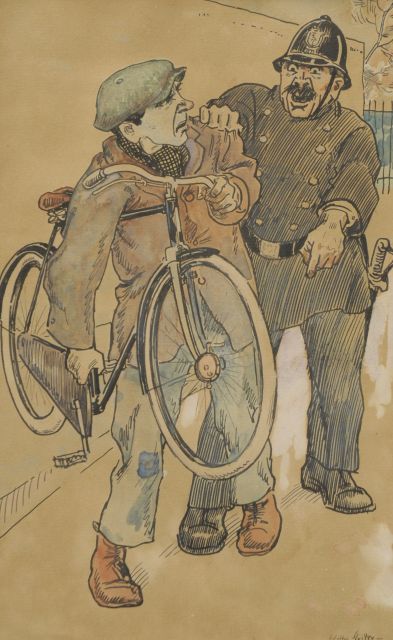 Sluiter J.W.  | De fietsendief: op heterdaad betrapt, inkt en aquarel op papier 17,2 x 27,6 cm, gesigneerd r.o.