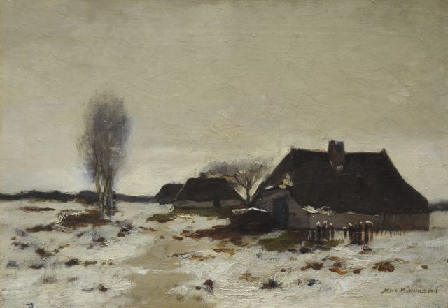 Xeno Münninghoff | Boerderijen in winters landschap, olieverf op doek, 25,6 x 36,3 cm, gesigneerd r.o.