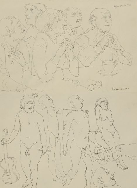 Berserik H.  | Bejaarden bij T.V.; verso: blote beat, pen en inkt op papier 15,8 x 23,7 cm, gesigneerd r.o. en gedateerd 1966