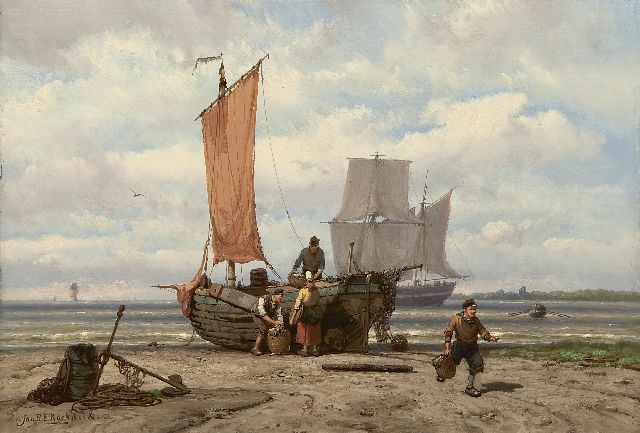 Jan H.B. Koekkoek | Het uitladen van de vangst, olieverf op paneel, 23,5 x 34,3 cm, gesigneerd l.o.