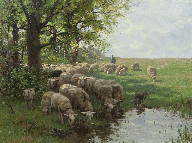 Willem Steelink jr. | Herder met schaapskudde bij een drinkplaats, olieverf op doek, 50,5 x 67,5 cm, gesigneerd l.o. en verso gedateerd juli 1914