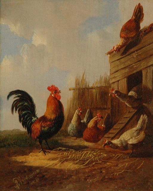 Albertus Verhoesen | De haan met zijn kippen (pendant), olieverf op paneel, 12,7 x 10,5 cm, gesigneerd l.o. en gedateerd 1861