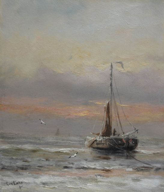 Gerard van der Laan | Winter aan het strand, olieverf op schildersboard, 19,3 x 16,9 cm, gesigneerd l.o.