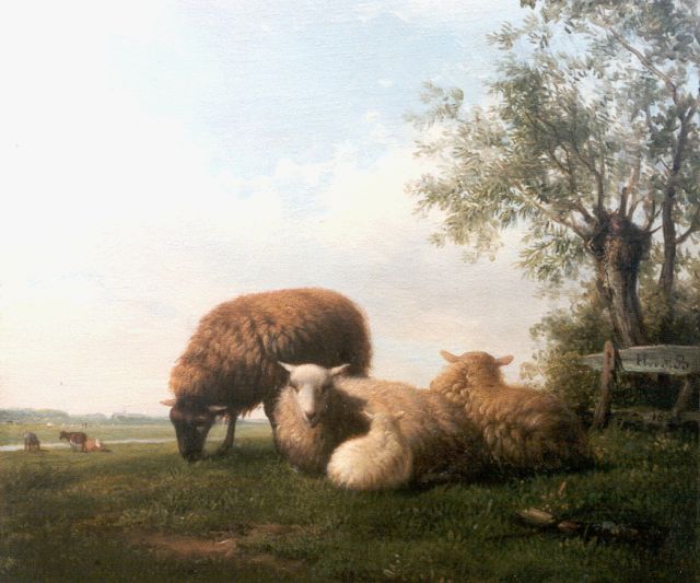 Hendrikus van de Sande Bakhuyzen | Schapen bij het hek, olieverf op paneel, 17,5 x 20,5 cm, gesigneerd r.o.h.h. en gedateerd 1825